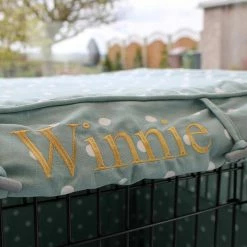 Best Sale 😍 Best Sale ⌛ Personalised 🦮 🦮 Dog Crate Cover in Duck Egg Spot Cotton by Lords & Labradors ⌛ 💯 -Cheap Lords & Labradors Store personalised dog crate cover in duck egg spot cotton by lords labradors letters close up